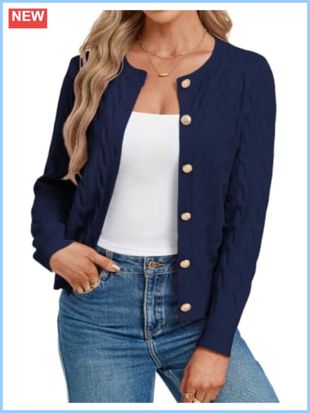 Women's Cable Knit Button Up Cardigan Crew Neck Long Sleeve Sweater